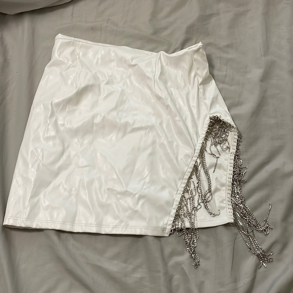 White Windsor Pleather Slit Skirt with Diamond Tassels